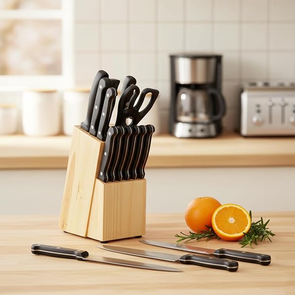 amazon basics Stainless Steel Knife Set with High-carbon Blades and Pine Wood Block, 14 Pi Amazon sale