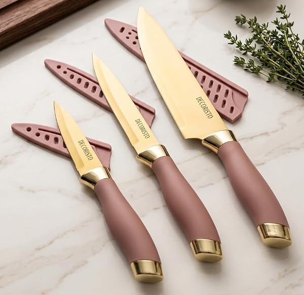 Premium Stainless Steel Kitchen Knife Set (3 Pieces) – Elegant Gold Finish Blades with Pro Amazon sale