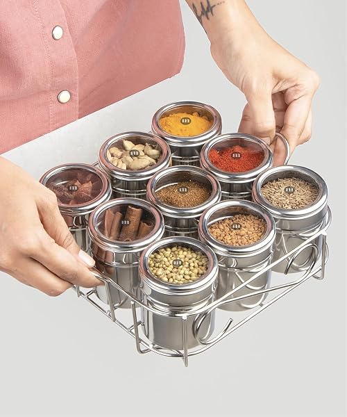 MARU 9 IN 1 Square Masala Box for Kitchen Steel - 130ml Each Containers Comes with Push & Amazon sale
