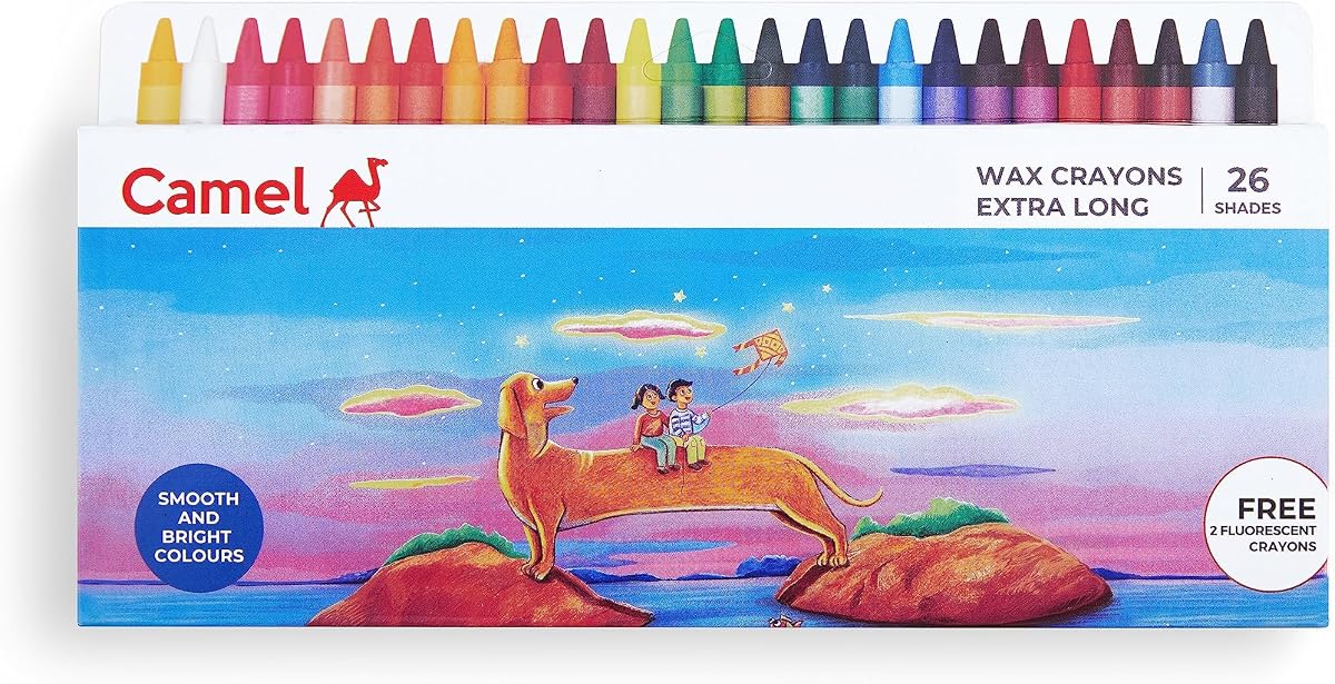 Camel Wax Crayons – 24 Shades + 2 Glitter | Pack of 1 | Smooth & Break-Resistant | Extra-T Amazon sale