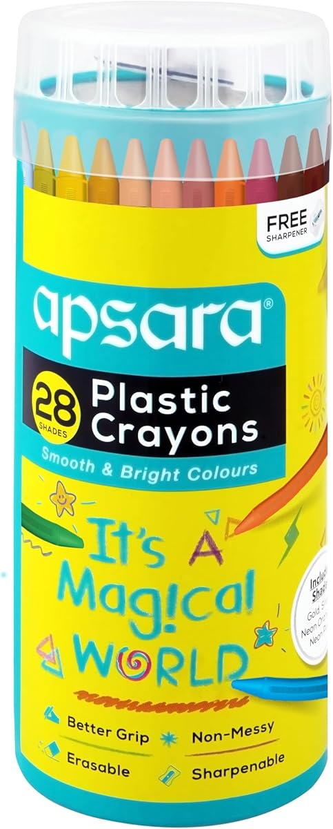 Apsara Plastic Crayons-28 Shades,Smooth & Bright Colours,Better Grip,Non-Messy,Erasable,Sh Amazon sale