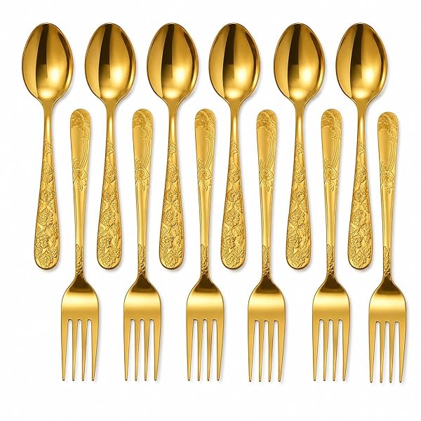 Premium Gold Finish Stainless Steel Cutlery Set, 12 Pieces 6 Dinner Spoons & 6 Dinner Fork Amazon sale