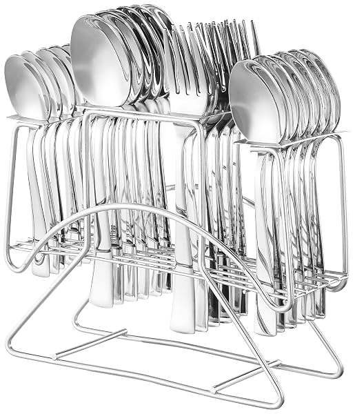 Amazon Brand - Solimo Stainless Steel 24 Piece Cutlery Set with Stand|6 Tea Spoons,6 Snack Amazon sale