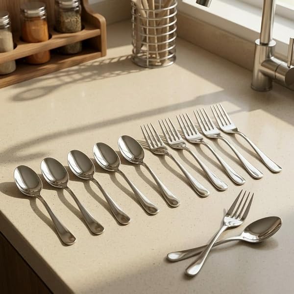 Frenchware Set of 12 Stainless Steel 6 Dinner Fork, 6 Spoons Sets, Silver 100% Food Grade, Amazon sale