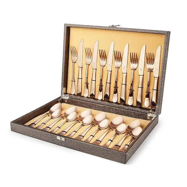 FnS Rosella 24 Pieces Stainless Steel Golden Cutlery Set with Premium Leatherette Box | 6 Amazon sale