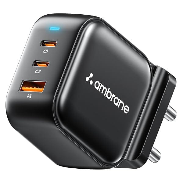 Ambrane 65W Charger Adapter, 3 Ports - 2 Type C & 1 USB for Samsung, Type C Laptops: MacBo Amazon sale