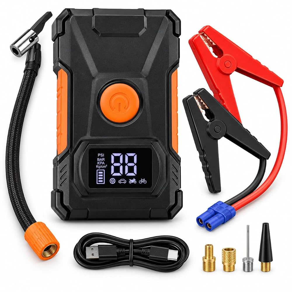 Okasta 4-in-1 Portable Car Jump Starter with Digital Tyre Inflator, Power Bank, Emergency Amazon sale