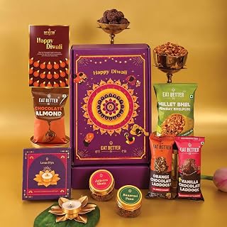 EAT BETTER CO Rangoli Diwali Gift Box – 9-Item Festive Hamper with Chocolate Almonds, Dry- Amazon sale