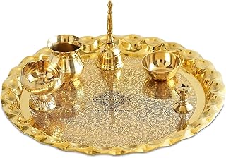 INDIAN ART VILLA Pure Brass Pooja Thali Set with Floral Vines Embossed Design, Religious S Amazon India sale