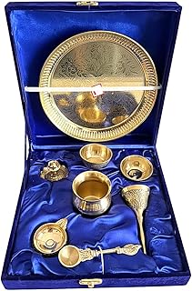 Silverglow Pure Brass Pooja Thali Set 8 Pieces with Premium Velvet Box | 7 Inch Brass Puja Amazon India sale