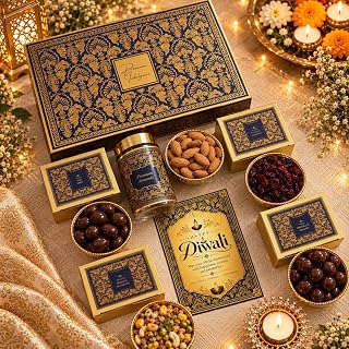 NutriSnacksBox 8 Items Royal Blue Diwali Gift Hamper with Metal Diya, Chocolates Nutties, Amazon sale
