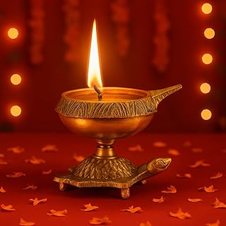 Collectible India Brass Diya Oil Puja Lamp Engraved Design Dia with Turtle Base for Home T Amazon sale