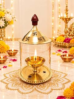 Heaven Decor Brass and Glass akhand deep Diya with Cover for Puja | Deepam Jyot Diya Oil L Amazon sale