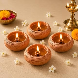 Handmade Textured Diya for Pooja | Set of 4 | Unique Modern Round Clay Oil Lamp & Diya | I Amazon sale