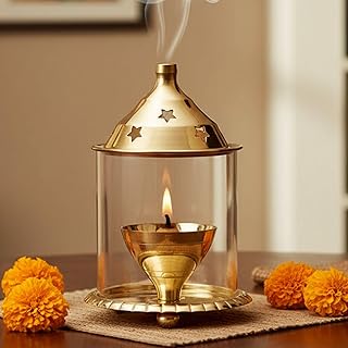 Ein Sof Akhand Diya for Puja - Decorative Brass Oil Lantern with Glass Cover, Gold Lamp Te Amazon sale