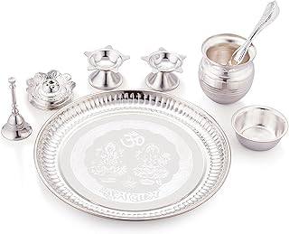 Silverglow Aishwarya Pooja Set | 8-Piece Silver Plated Puja Thali Set for Home Temple | St Amazon sale