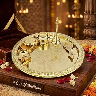 CHAKMAK Crown Collection Brass Pooja Thali Set, 6 Pcs Gift Box, Traditional Brass Pooja Ar Amazon sale