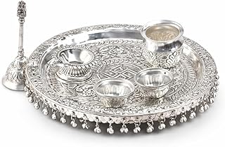 Premium Handcrafted German Silver Pooja Thali Set with Swastik Engraving | Complete Puja P Amazon sale