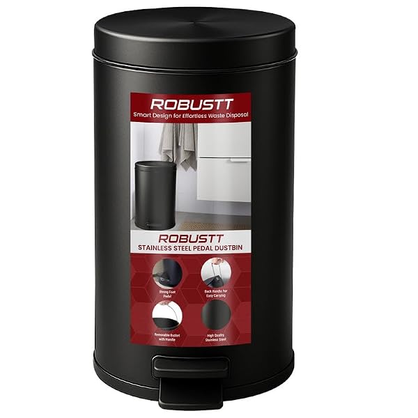 Robustt Dustbin with Pedal - 5L | Black Stainless Steel trash can | 7 Inch (W) x 10 Inch ( Amazon sale