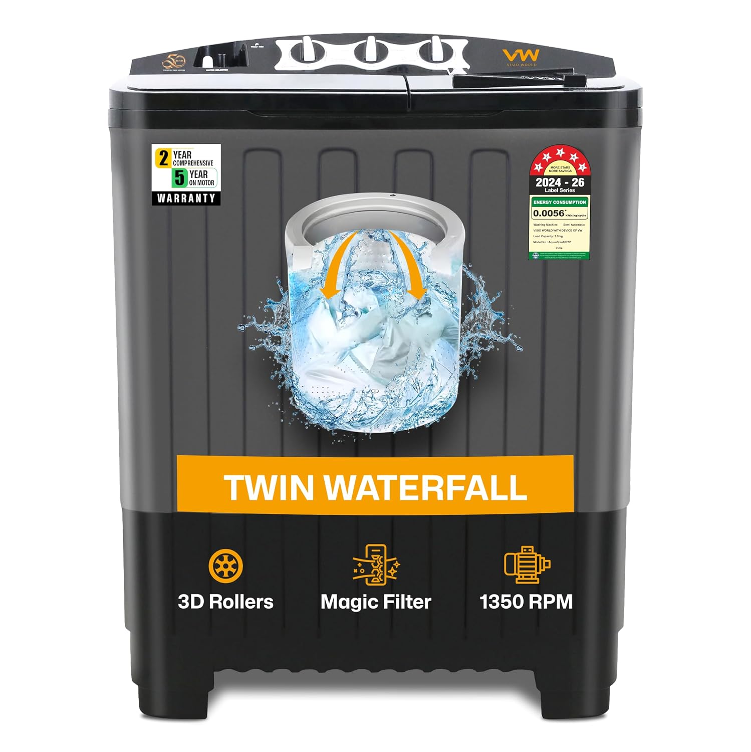 VW Visio World 7.5 kg 5 Star Semi-Automatic Washing Machine Amazon sale