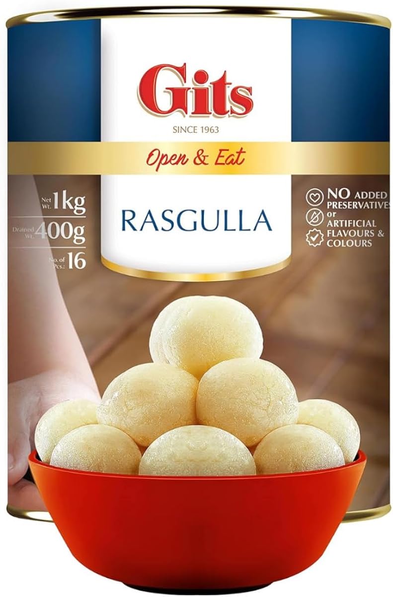 Gits Open & Eat Rasgulla Tin, 16 Pieces per Can, Mouth-Watering Indian Mithai, 1Kg Rasgull Amazon sale
