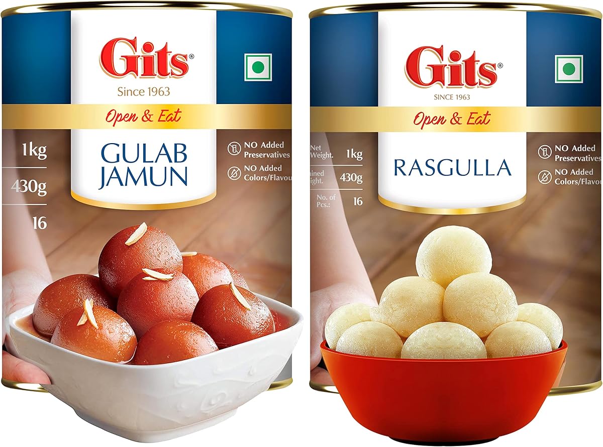 Gits Gulab Jamun & Rasgulla Mithai Combo | 2kg | 16 Pieces per Tin Gulab Jamun + Rasgulla Amazon sale