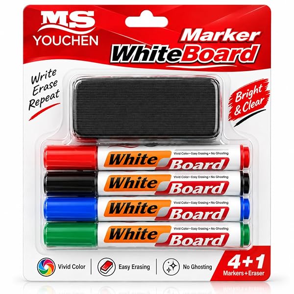 AccuPrints Whiteboard Markers | Set Of 4 Markers And 1 Duster | 4 Assorted Ink Colours | B Amazon sale