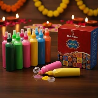 CraftVatika 12 Rangoli Kolam Colour Powder Tube Kit, Diwali Decoration Items Bottles Tool Amazon sale