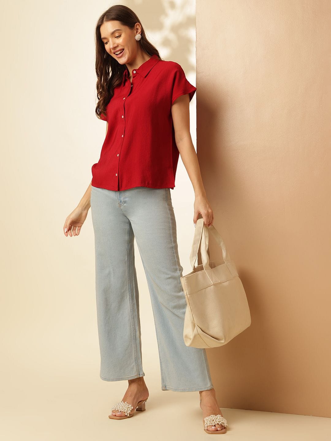 Anouk X fwd Women Relaxed Solid Cherry Red Casual Shirt Myntra sale