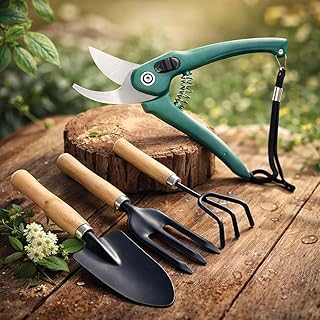 4-Piece Gardening Tools Kit for Home (Wooden Handle Cultivator,Fork, Trowel) Pruner Cutter Amazon sale