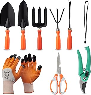 Amazon Brand - Solimo 8-Piece Gardening Tool Kit | Cultivator, Fork, Trowels, Weeder, Gard Amazon sale