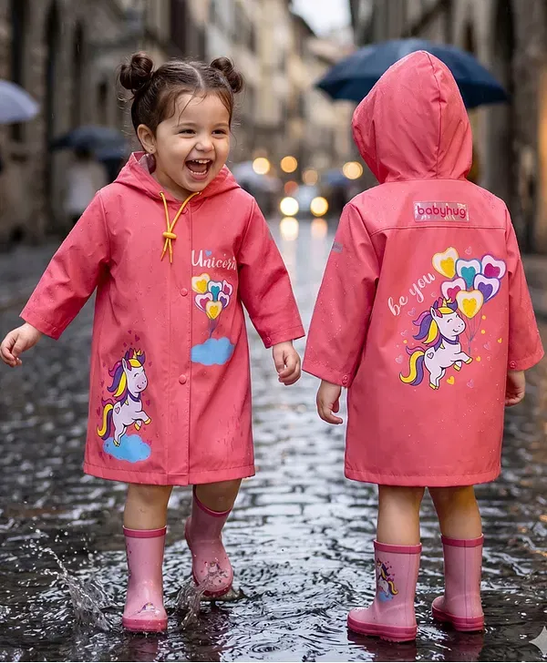Babyhug Hooded Raincoat with Unicorn Print