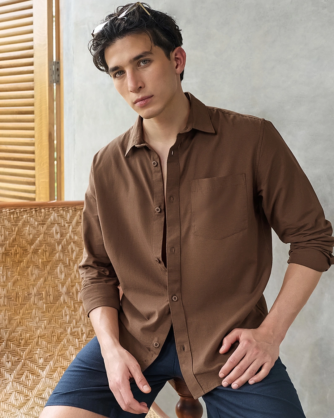 Bewakoof Men's Toffee Brown Cotton Linen Shirt Bewakoof sale