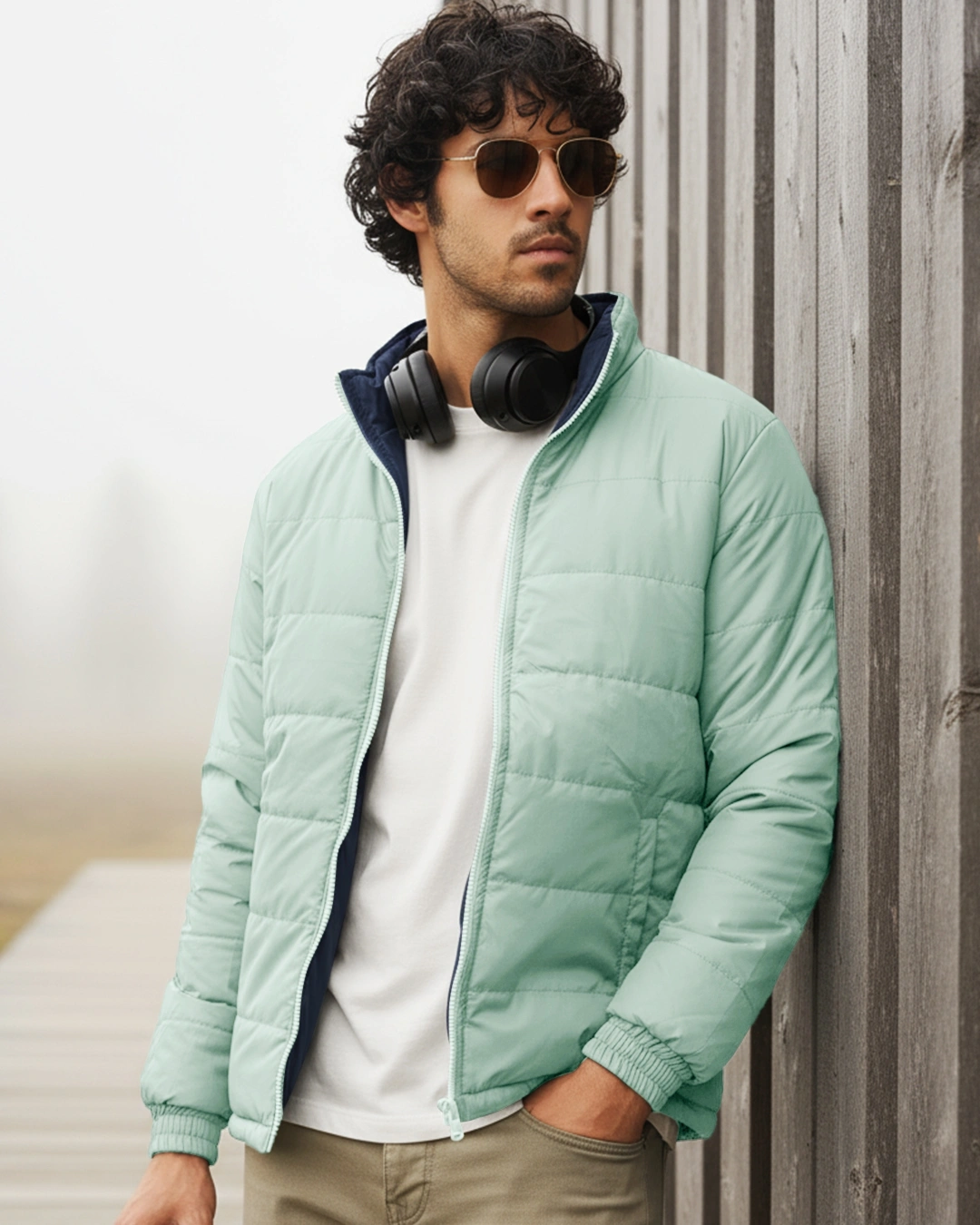 Bewakoof Men's Sage Green & Navy Blue Reversible Puffer Jacket Bewakoof sale
