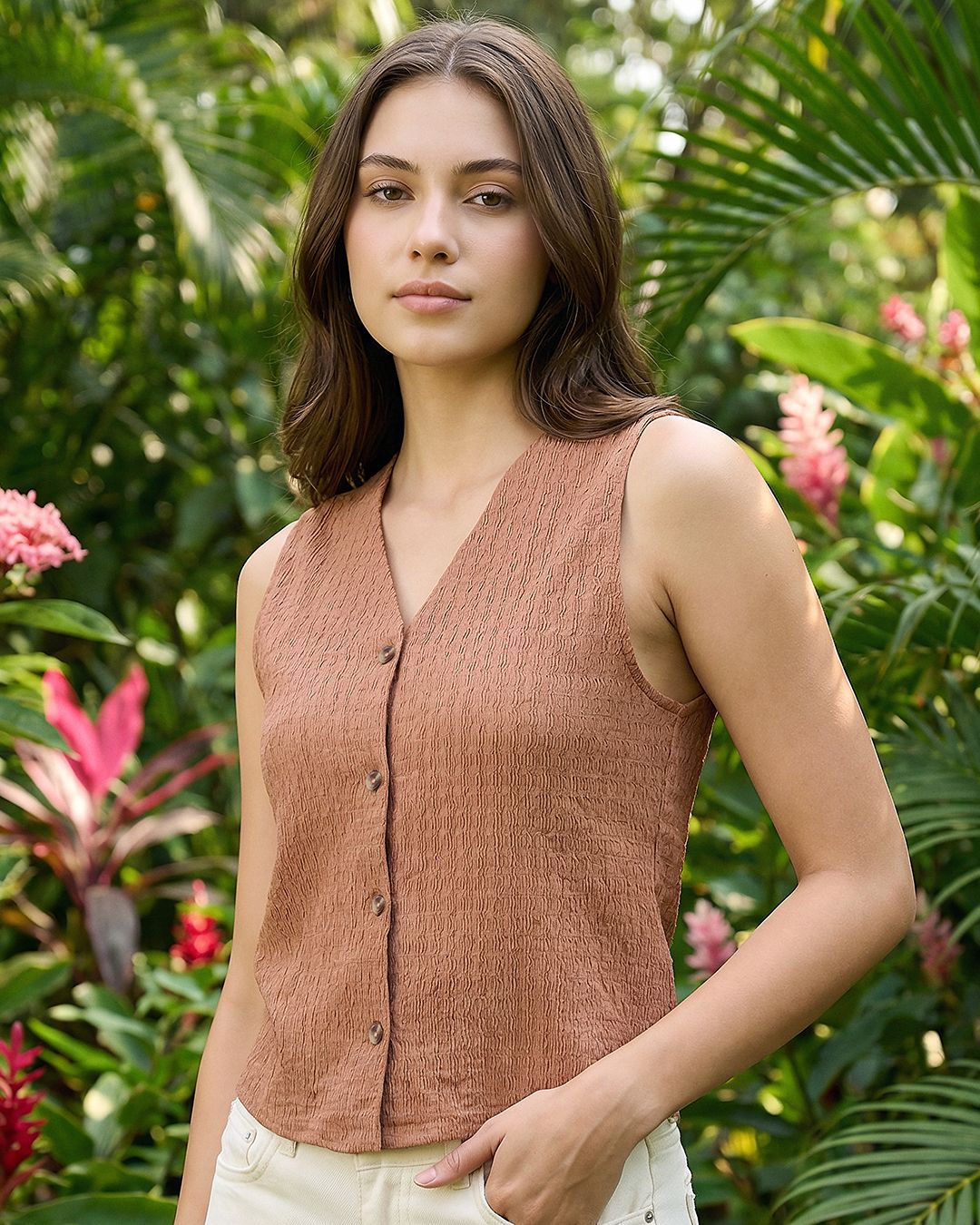 Bewakoof Women's Mocha Mousse Brown Textured Short Top Bewakoof sale