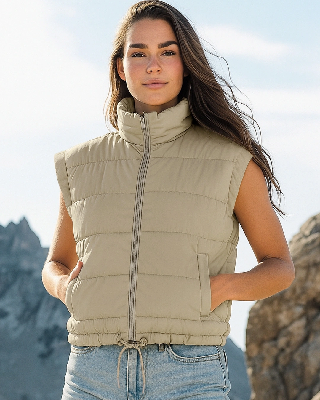 Bewakoof Women's Beige Sleeveless Oversized Puffer Jacket Bewakoof sale