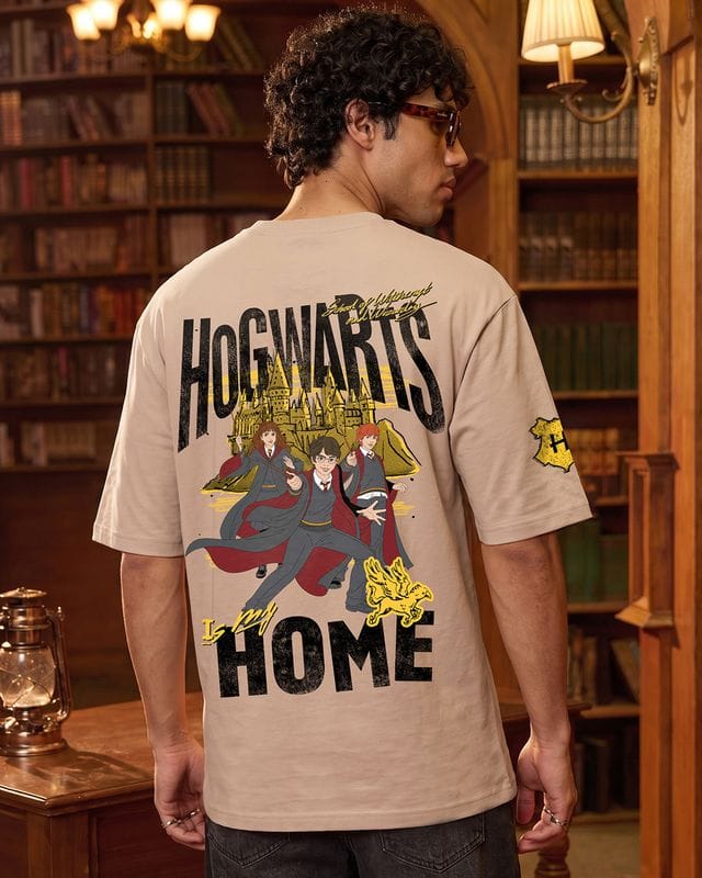 Men's Brown Hogwarts Is My Home Graphic Printed Oversized T-shirt Bewakoof sale