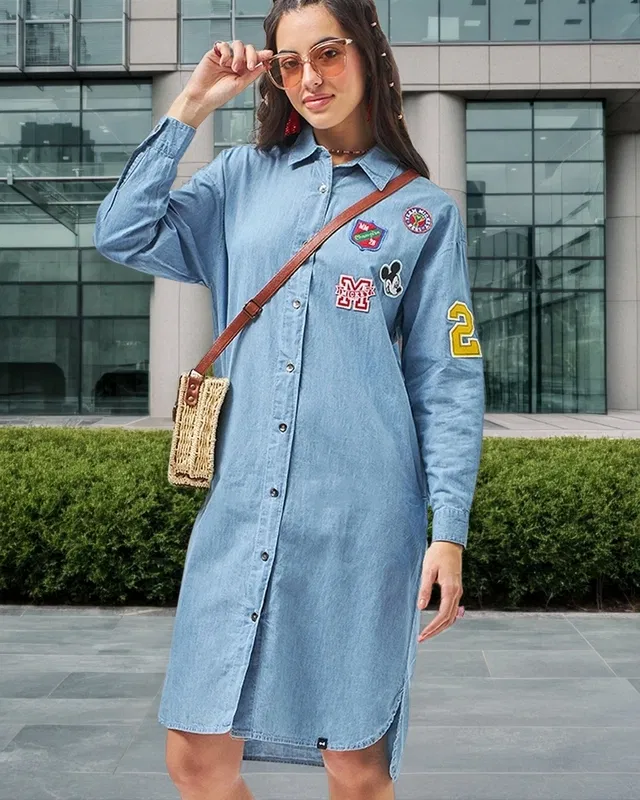 Women's Blue Mickey Graphic Printed Oversized Shirt Dress Bewakoof sale