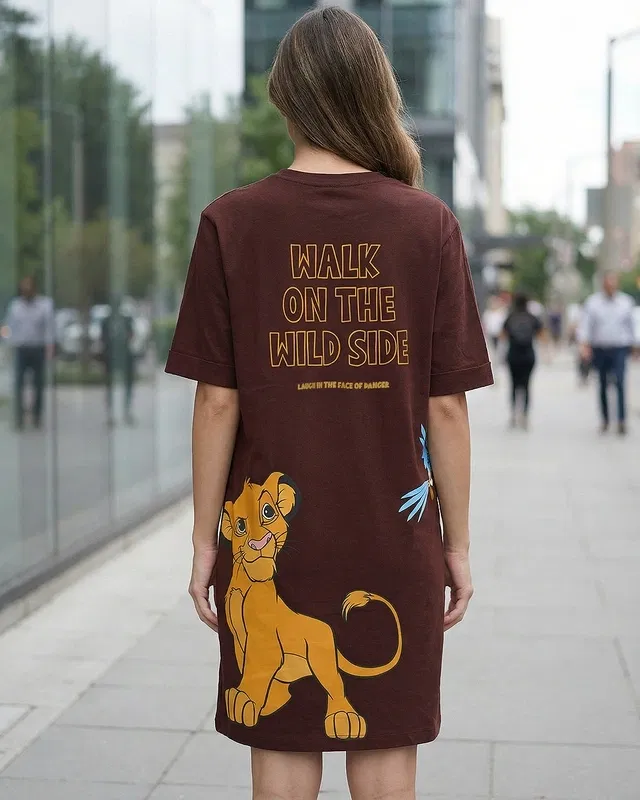 Women's Chocolate Brown Simba Graphic Printed Oversized T-Shirt Dress Bewakoof sale
