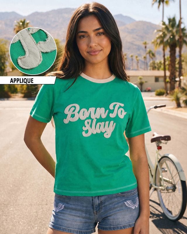Women's Green Born To Slay Applique T-shirt Bewakoof sale