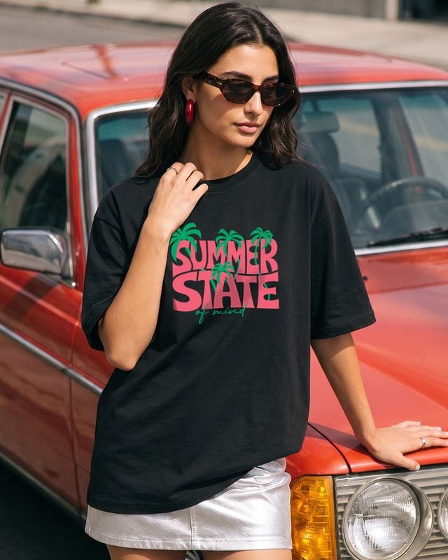 Women's Black Summer State Typography Oversized T-shirt Bewakoof sale