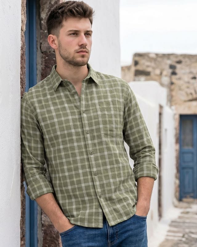 Men's Olive Green Checked Cotton Linen Shirt Bewakoof sale