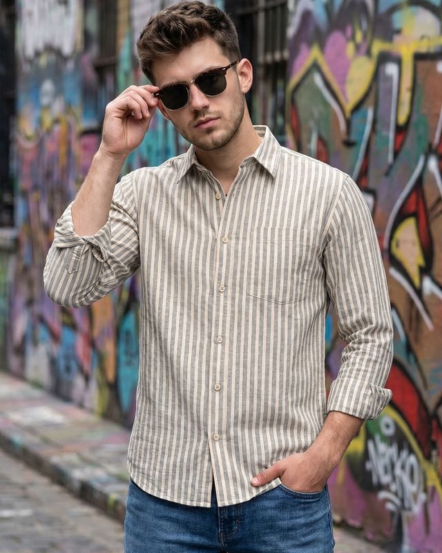 Men's Olive Green and Beige Striped Cotton Linen Shirt Bewakoof sale