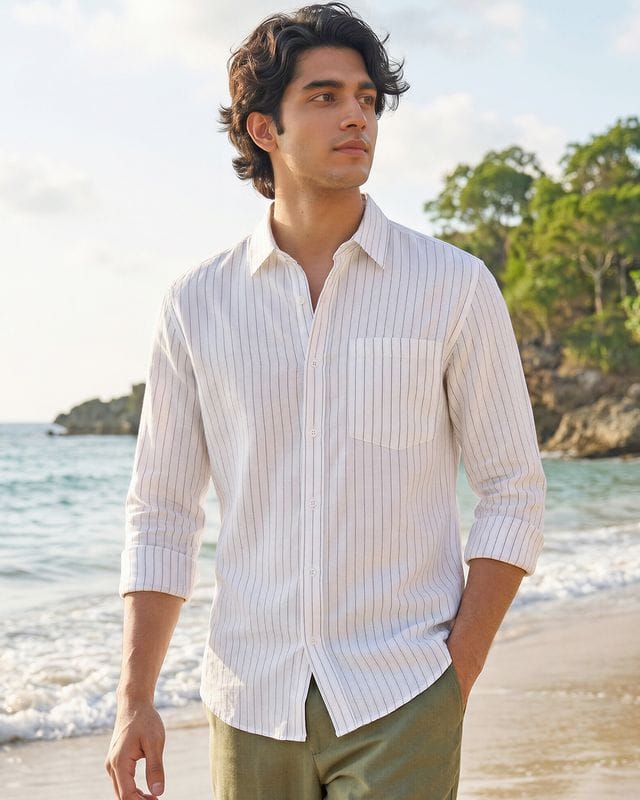 Men's White Striped Cotton Linen Shirt Bewakoof sale