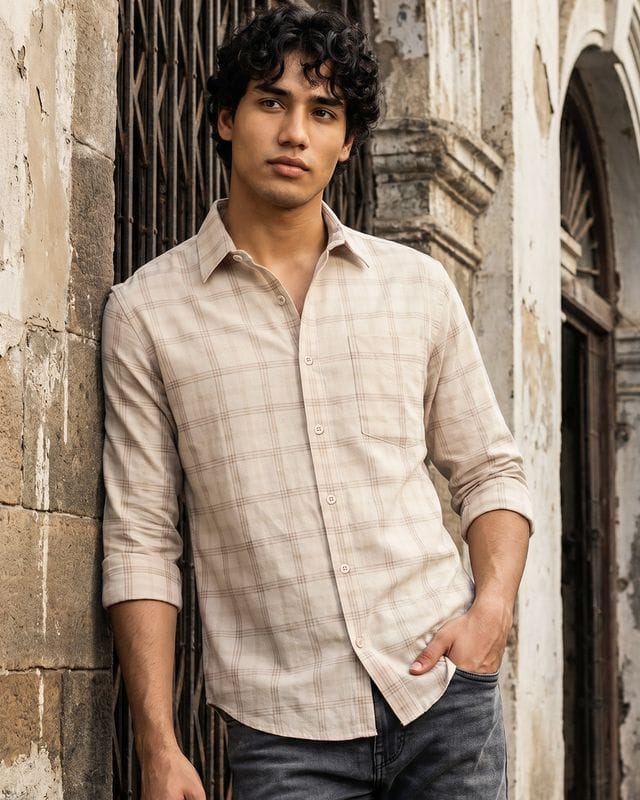 Men's Beige Checked Cotton Linen Shirt Bewakoof sale