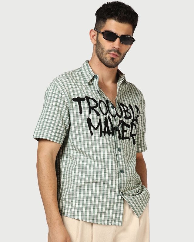 Men's Green Trouble Maker Checked Oversized Shirt Bewakoof sale