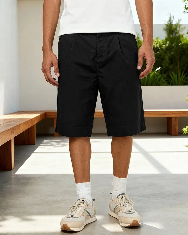 Men's Jet Black Oversized Cotton Linen Shorts Bewakoof sale