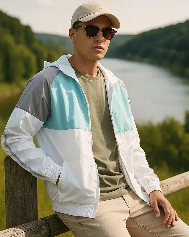 Bewakoof Air Men's White and Blue Colour Block Hooded Windcheater Jacket Bewakoof sale
