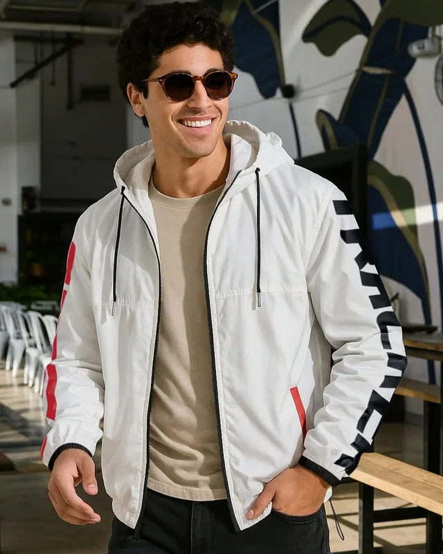 Bewakoof Air Men's White Typography Oversized Windcheater Jacket Bewakoof sale