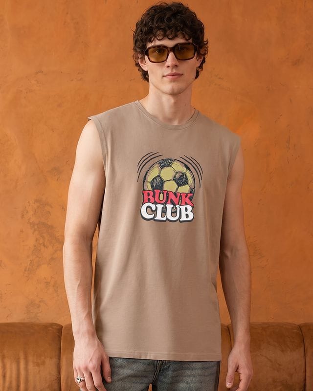 Bewakoof Men's Brown Bunk Club Graphic Printed Boxy Fit Vest Bewakoof sale